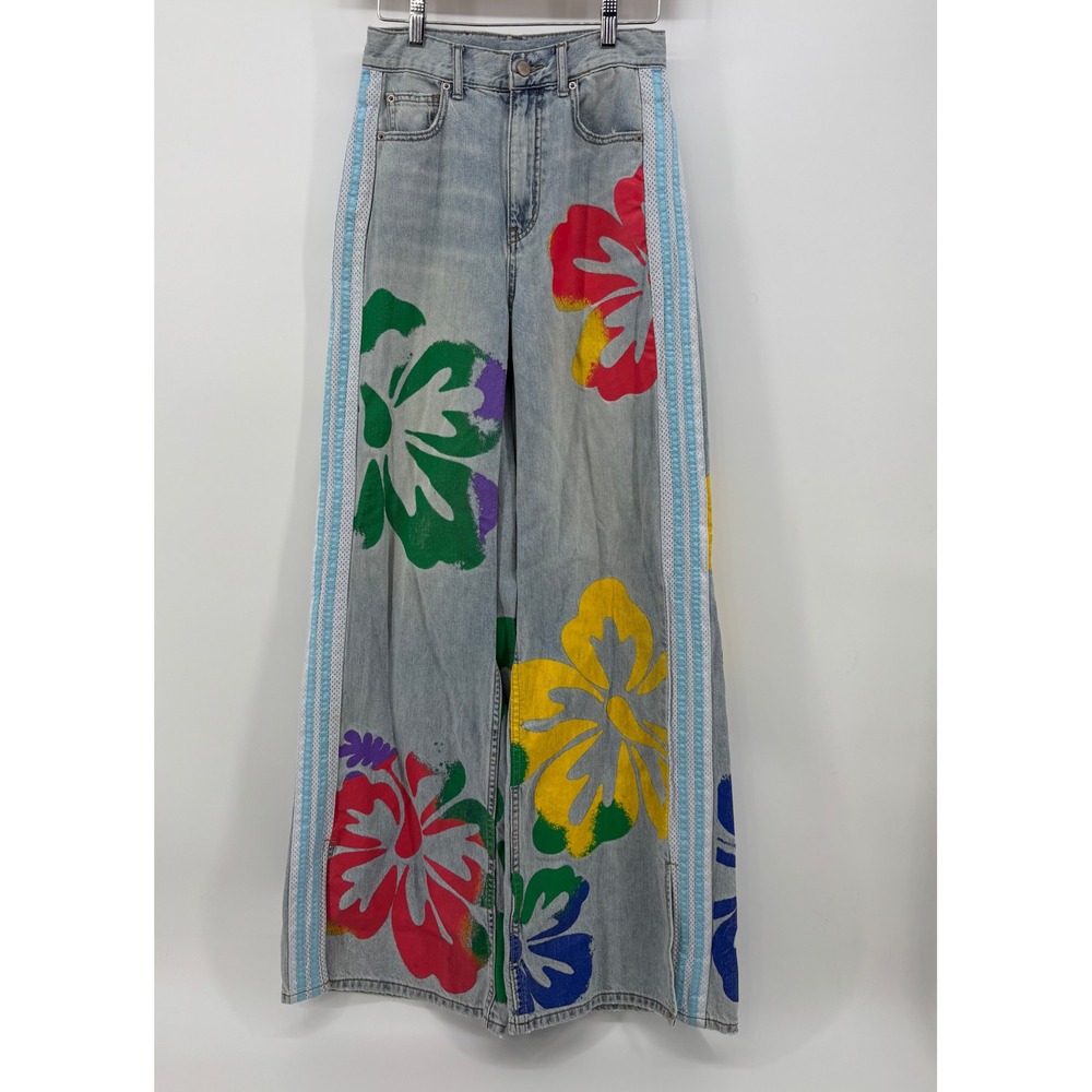 BDG Urban Outfitters Skater Baggy Jeans Women 24 Blue Hibiscus Floral Wide Leg